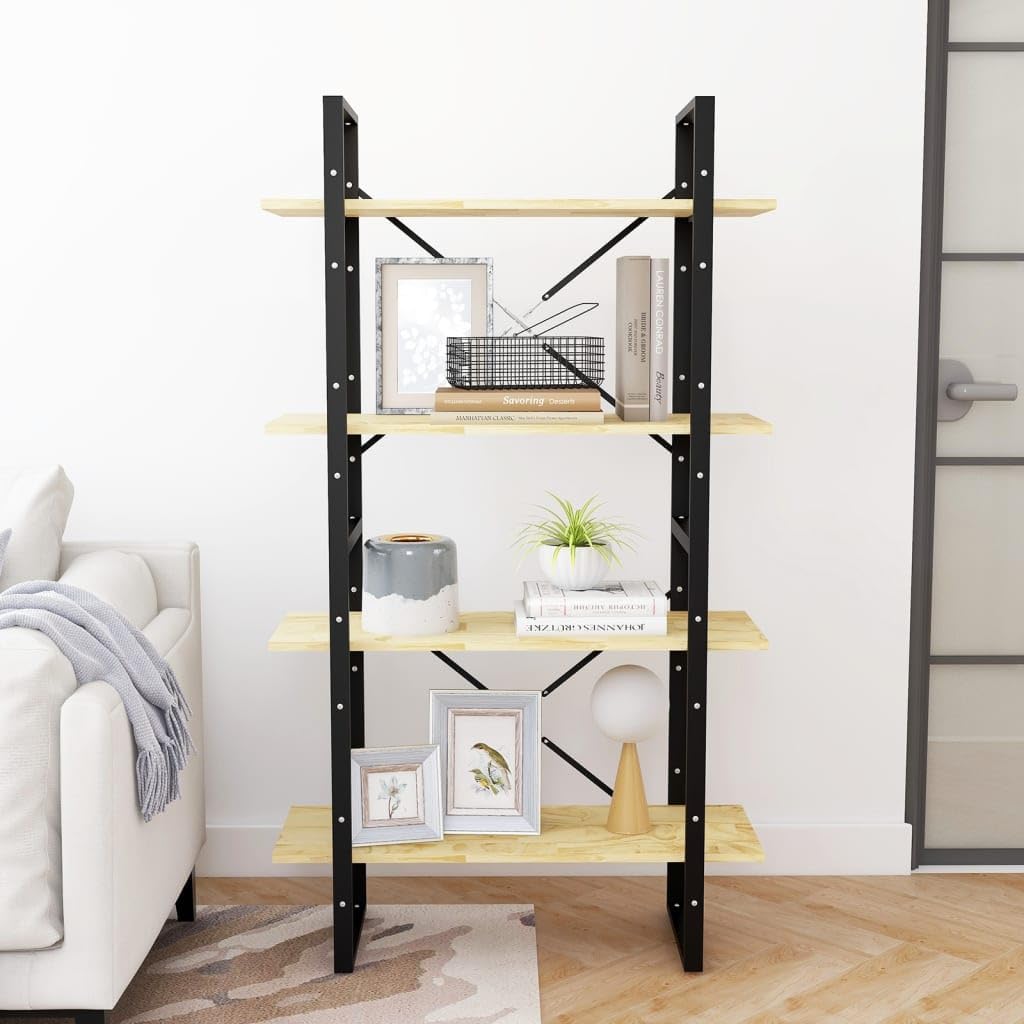 Solid Pine Wood Bookshelf with 4-Tiers, Untreated Brown Natural Finish O664