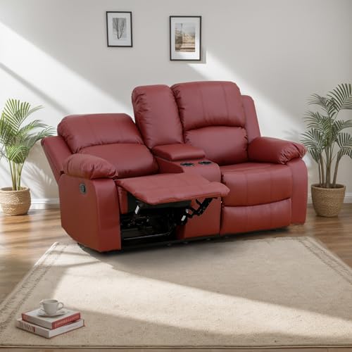 Red Leather 2-Seat Sofa Recliner Loveseat with Storage Box and Cup Holders Z3750