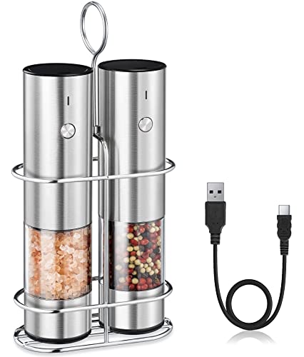 Rechargeable Electric Salt and Pepper Grinder Set with Holder Stainless Steel G203