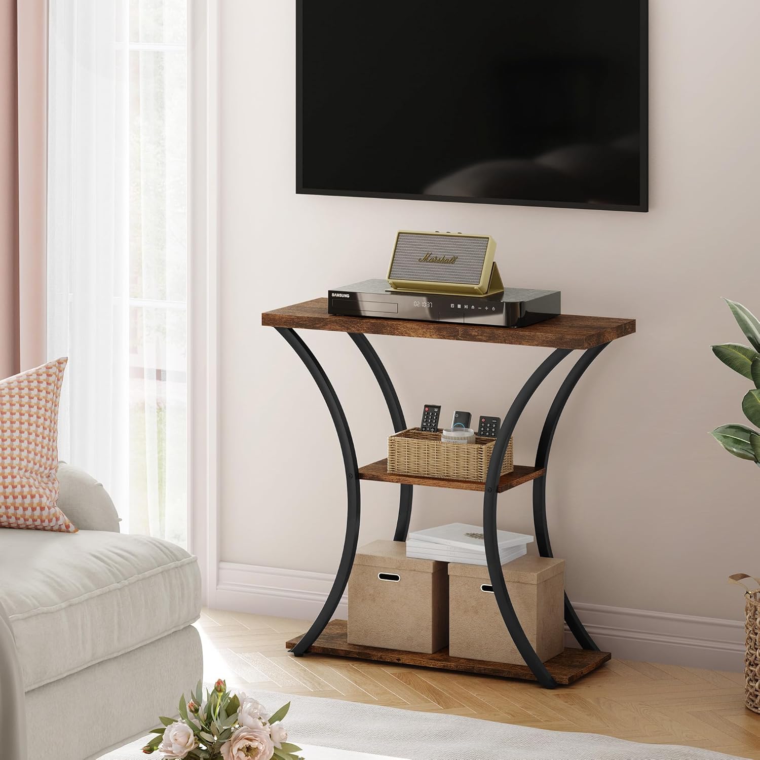 Rustic Brown+Black 3 Tier Console Table with Open Wood Shelves O949
