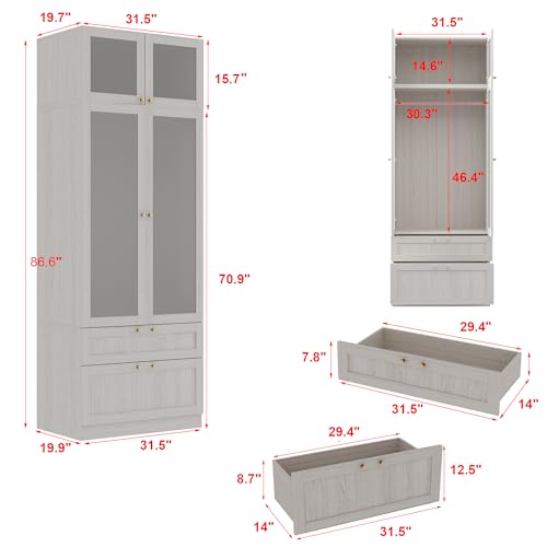 Large Wooden Wardrobe Cabinet with Frosted Glass Doors and 2 Drawer N47316