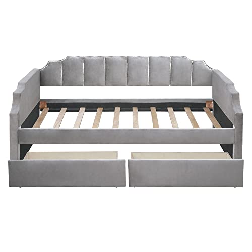 Gray Velvet Twin Daybed with 2 Drawers C399