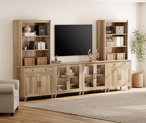 Off White Entertainment Center with Bookshelves, 8 Doors & 4 Drawer TV Stand M109