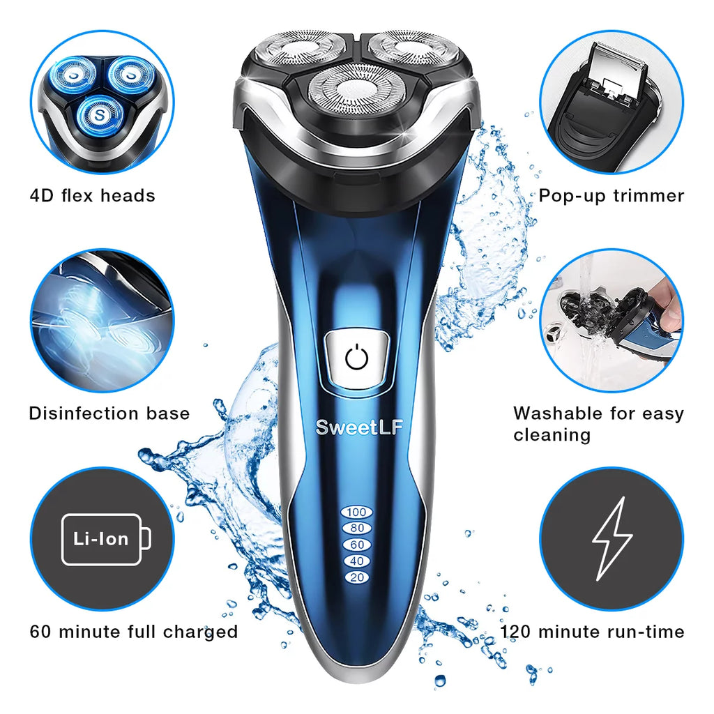 Blue IPX7 Waterproof Electric Razor with Pop-up Beard Trimmer Y601