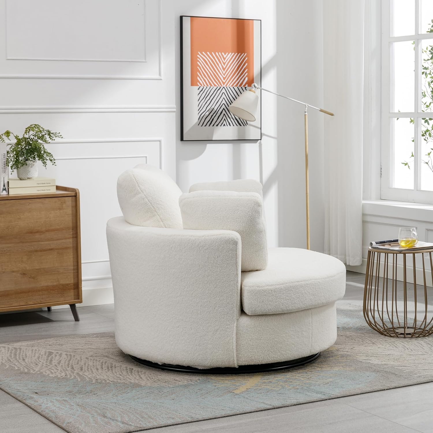 Ivory Sherpa Oversized Swivel Accent Barrel Chair W474964