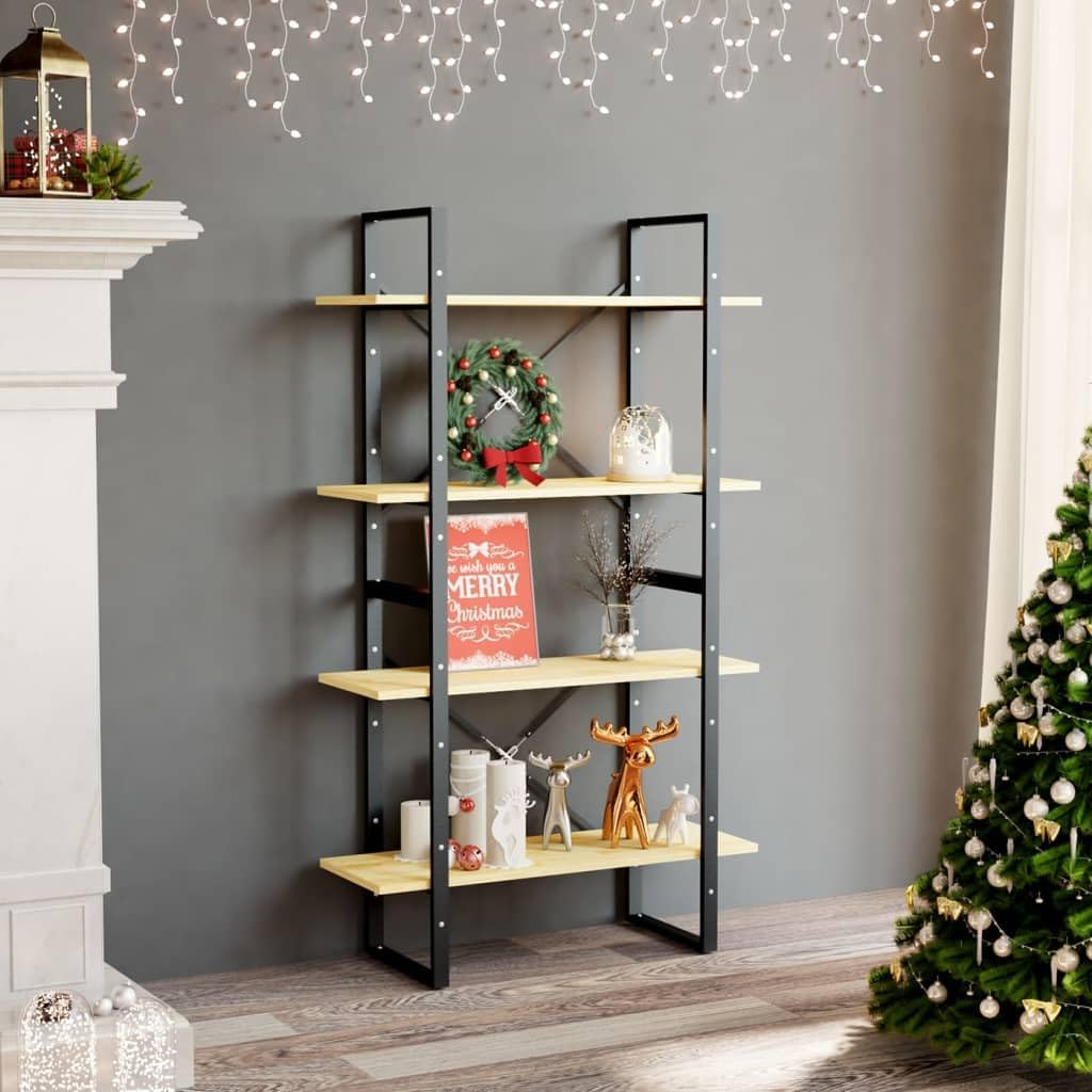 Solid Pine Wood Bookshelf with 4-Tiers, Untreated Brown Natural Finish O664