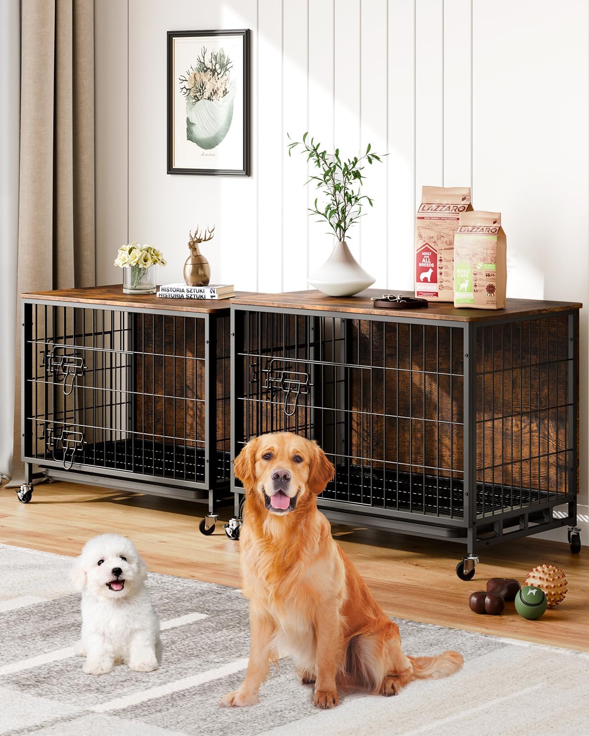 Brown Wooden Dog Crate with Removable Tray and Wheels C17239