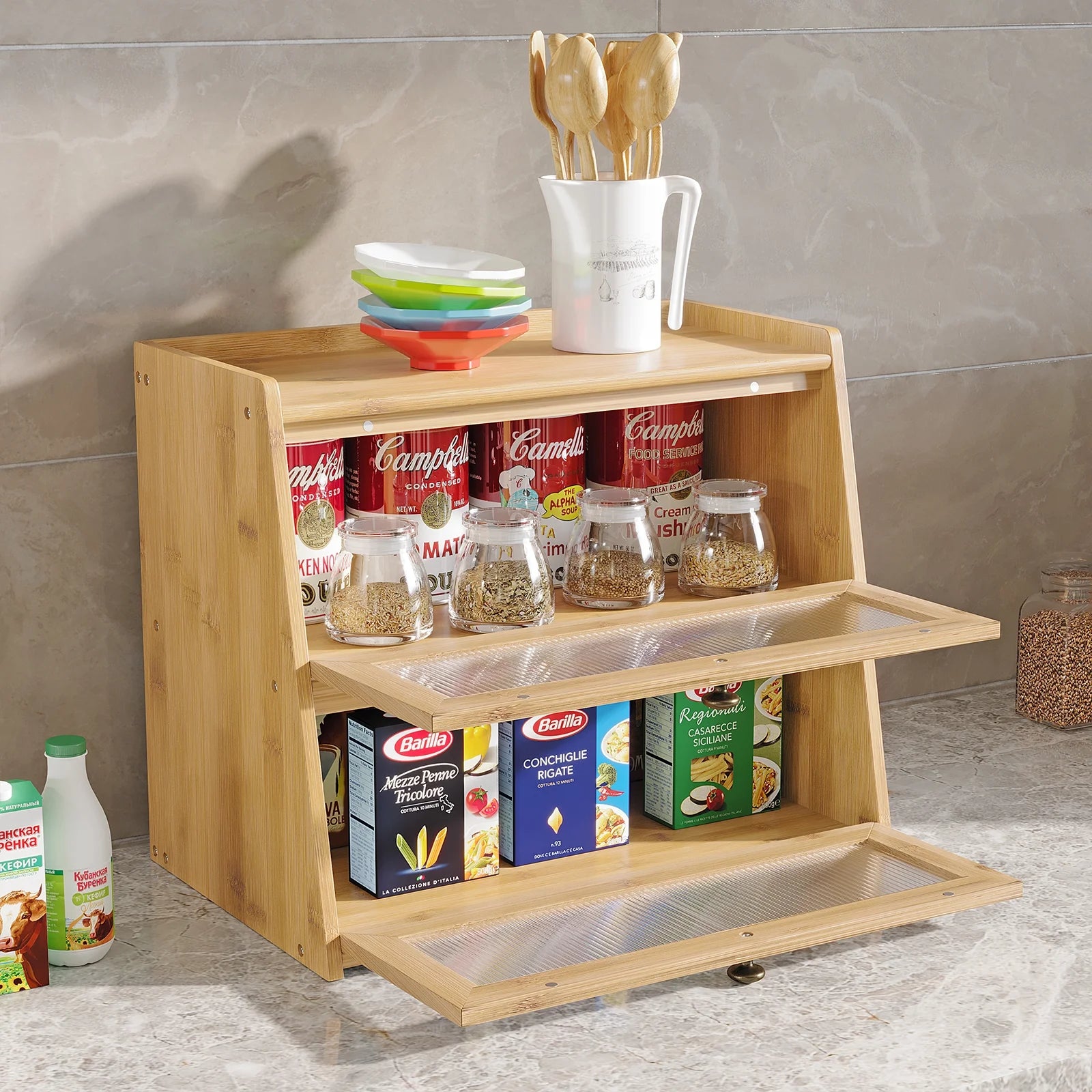 Double Layer Bamboo Bread Storage Container with Window K754