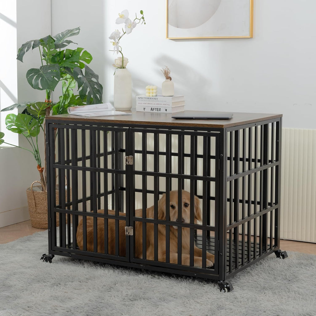 42" Heavy Duty Dog Crate with 4 Lockable Wheels and 2 Locks M784