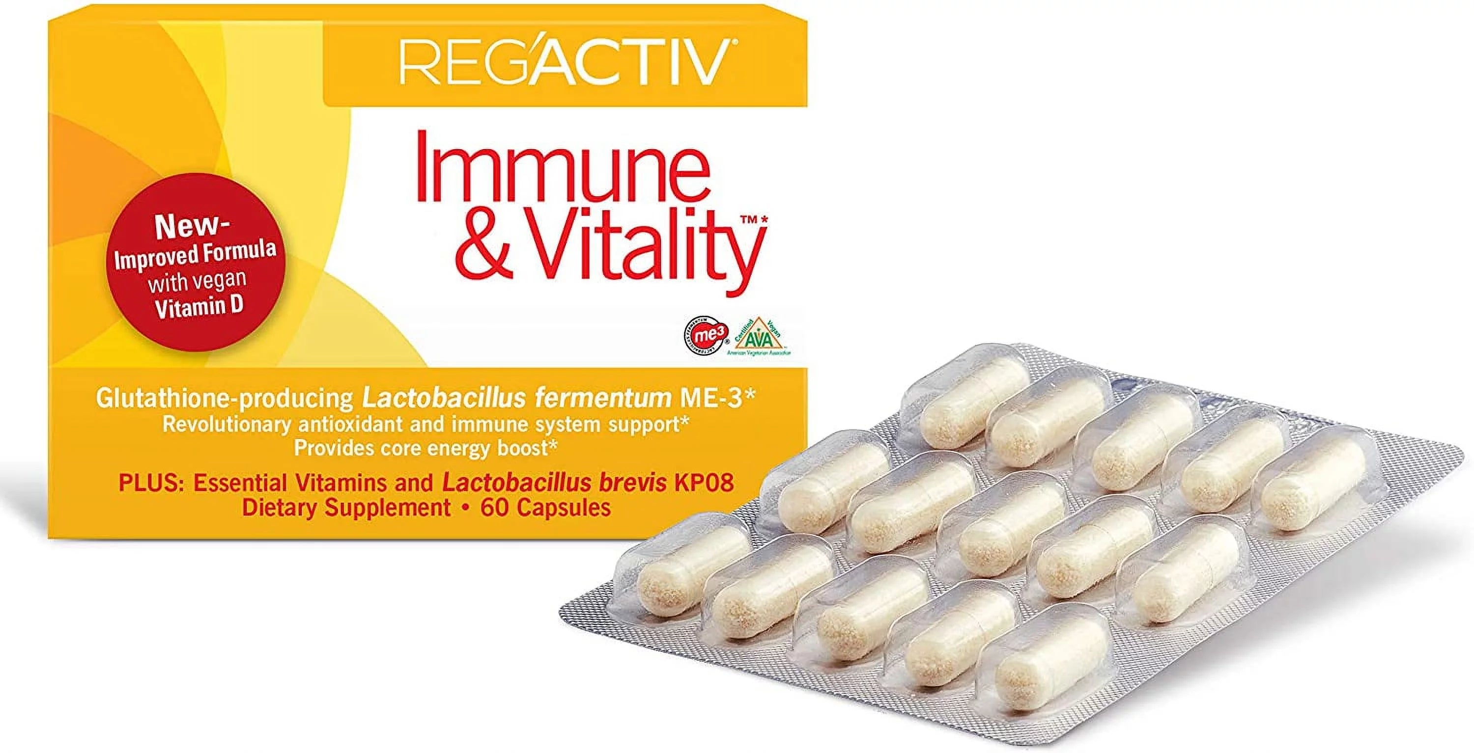 Reg'Activ Immune & Vitality with Lactobacillus fermentum ME-3, brevis KP08, Vegan Vitamin D3 and Vitamins C and B-Vitamins (B1, B2, B3 and B6) H8739