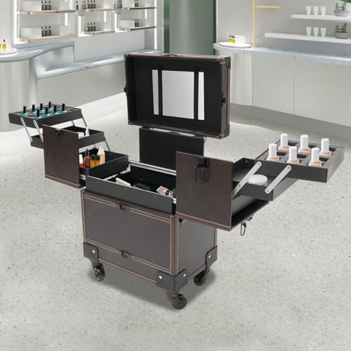 Black Aluminum Cosmetic Organizer Box with Mirror and 4 Wheels F432525