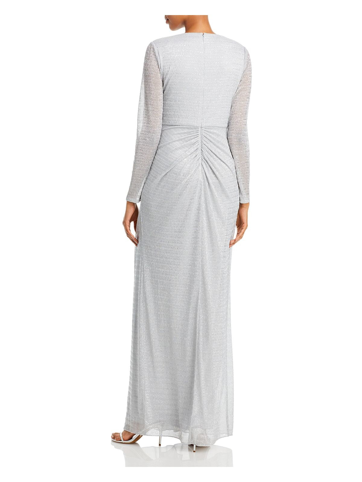 Silver Zippered Long Sleeve Full-Length Evening Gown Dress U72339