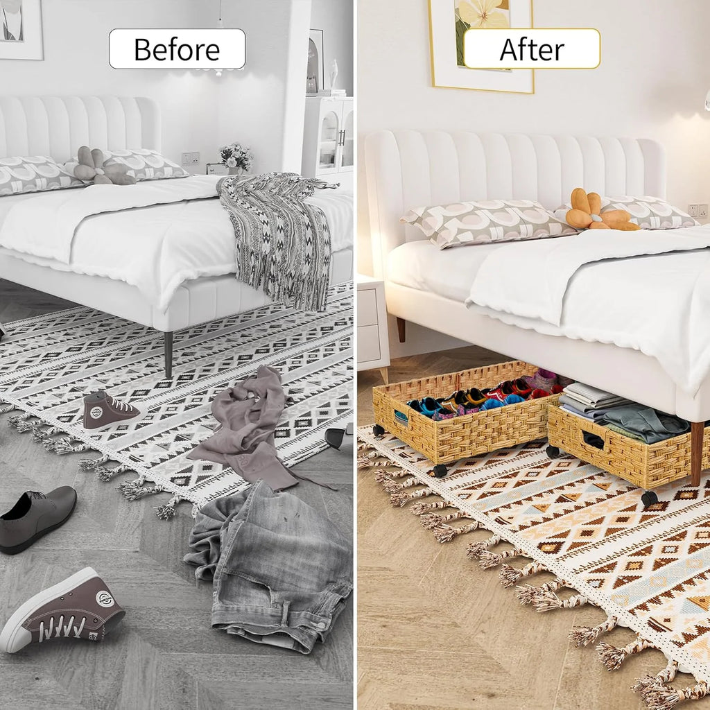 2 Pack 31.5in Rolling Rattan Under Bed Storage Bins S546