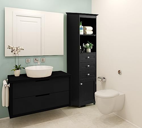 Black Tall Freestanding Storage Cabinet with 2 Open Shelves, 3 Drawers Y217107