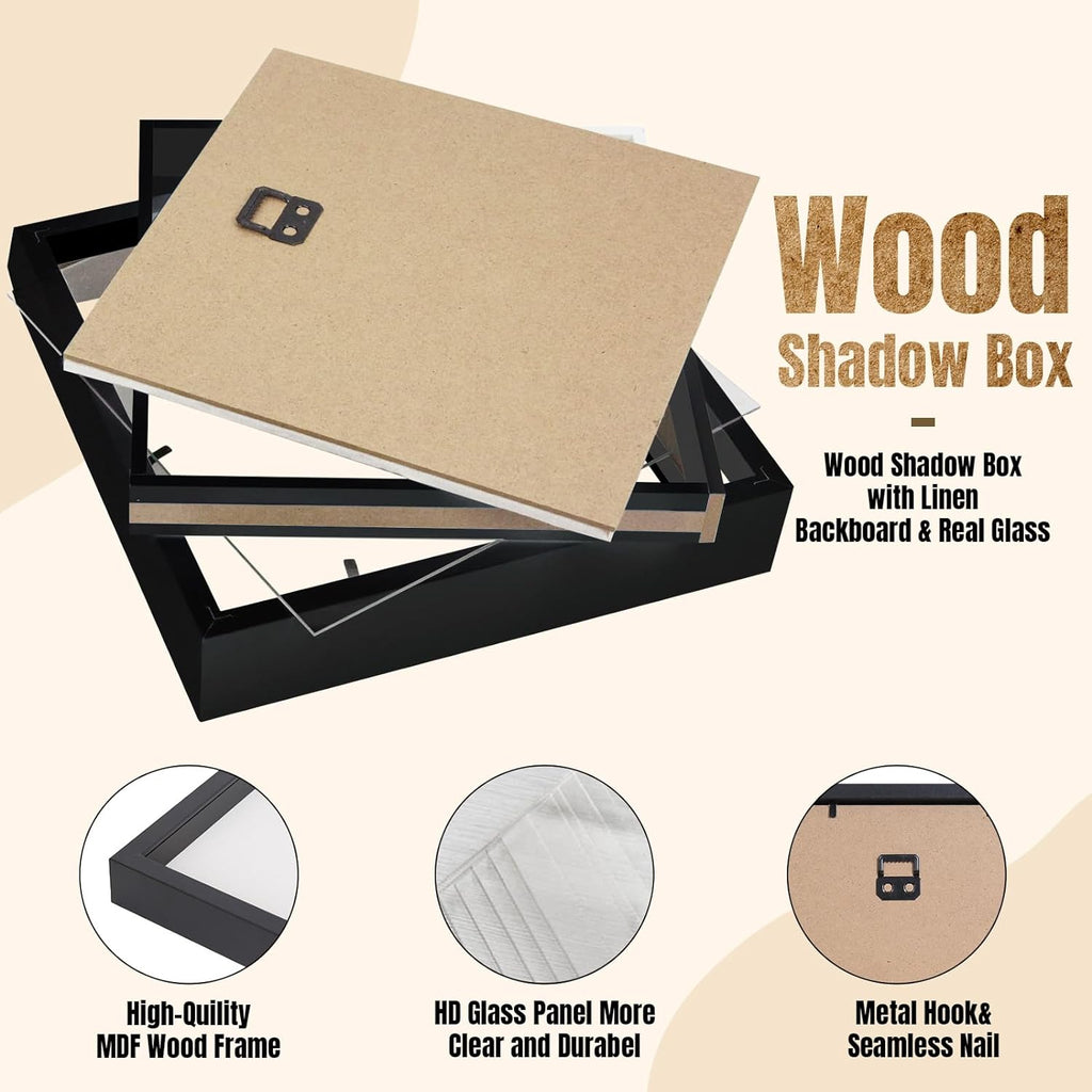 3 Pack Black 8"x8" Deep Wood Glass Shadow Box Set H19732