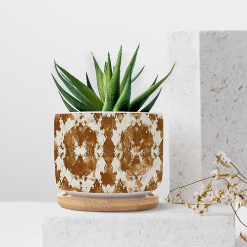 Blue And White Porcelain Ceramic Round Plant Pot with Drainage Holes And Bamboo Tray C9217