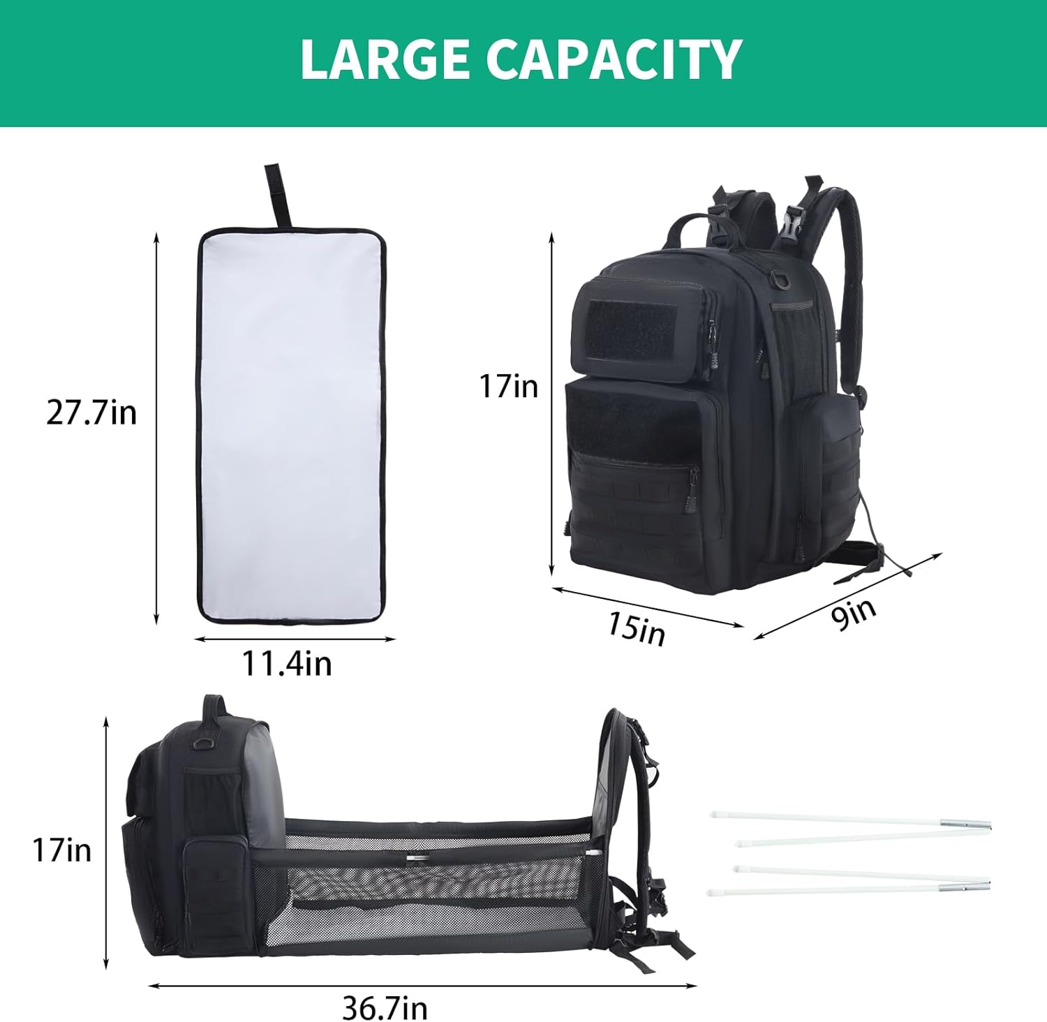 Black Expandable Military Diaper Bag Backpack with Changing Pad O4605