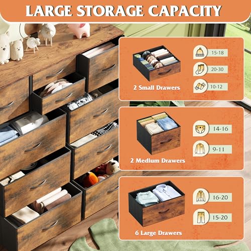 Rustic Brown 10 Drawer Fabric Dresser with Metal Frame V292