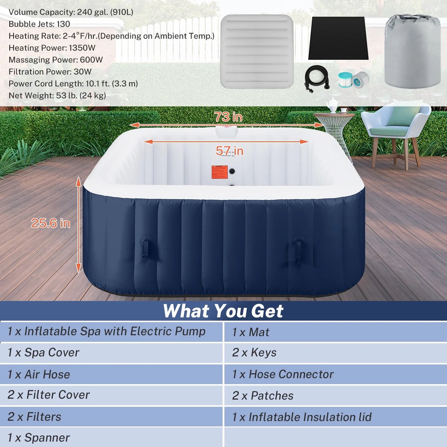 Inflatable Hot Tub with 130pcs Jet, Lockable Cover, Storage Bag D15911