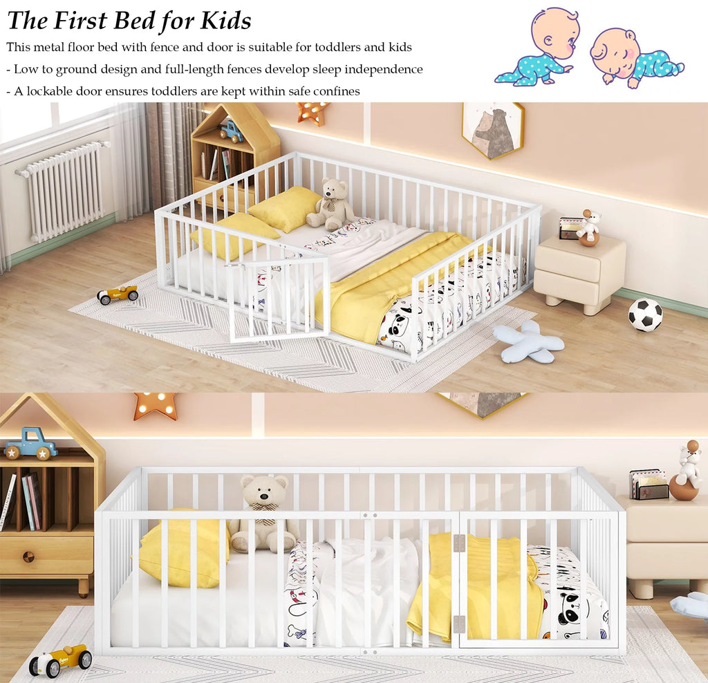 White Queen Metal Floor Bed with Fence Rails and Lockable Door G881553