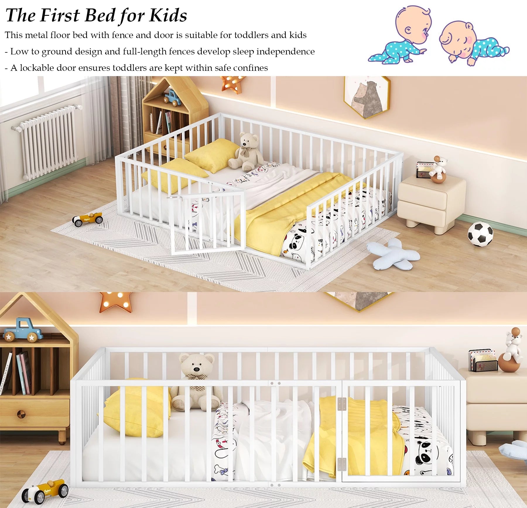 White Queen Metal Floor Bed with Fence Rails and Lockable Door G881553