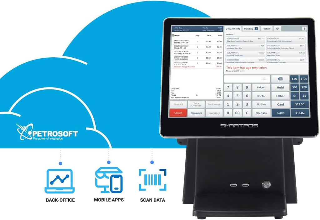 SmartPOS Cash Register POS System Bundle with Touch Screen Monitor, Customer-Facing Display, Cash Drawer, Wireless Scanner, Thermal Printer Y818494