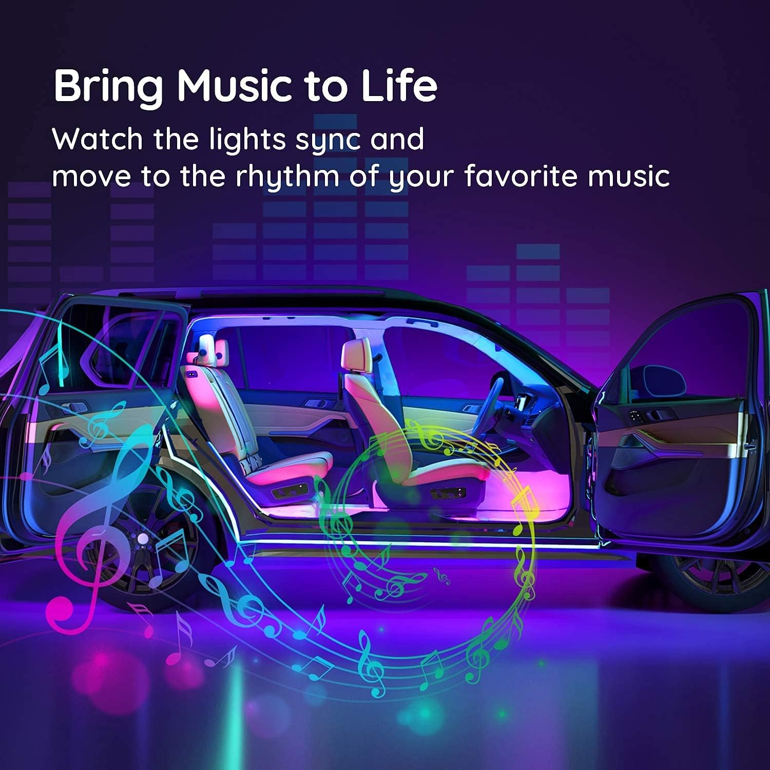 Car LED Lights with APP Control, Music Sync, 16 Million Colors, 2 Lines Design, RGB Under Dash Car Lighting with Car Charger, DC 12V A352