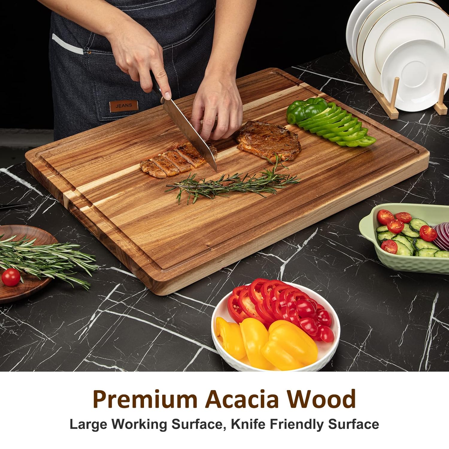Large Acacia Wood Cutting Board 24 x 18 Inch with Side Handles and Juice Slot X691795