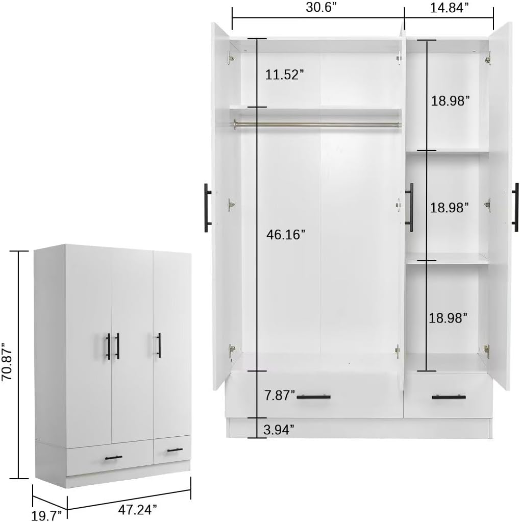 White 3 Door Wardrobe Closet with 2 Drawers P7098