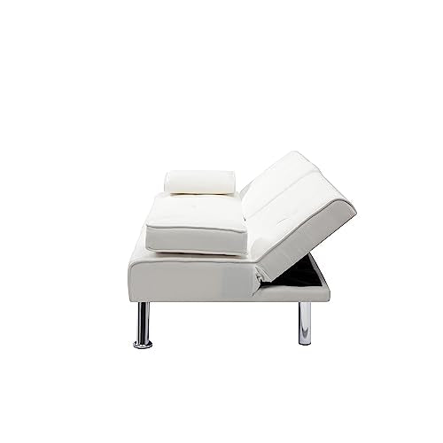 Beige Synthetic Leather Convertible Folding Sofa Bed with Metal Legs Q552