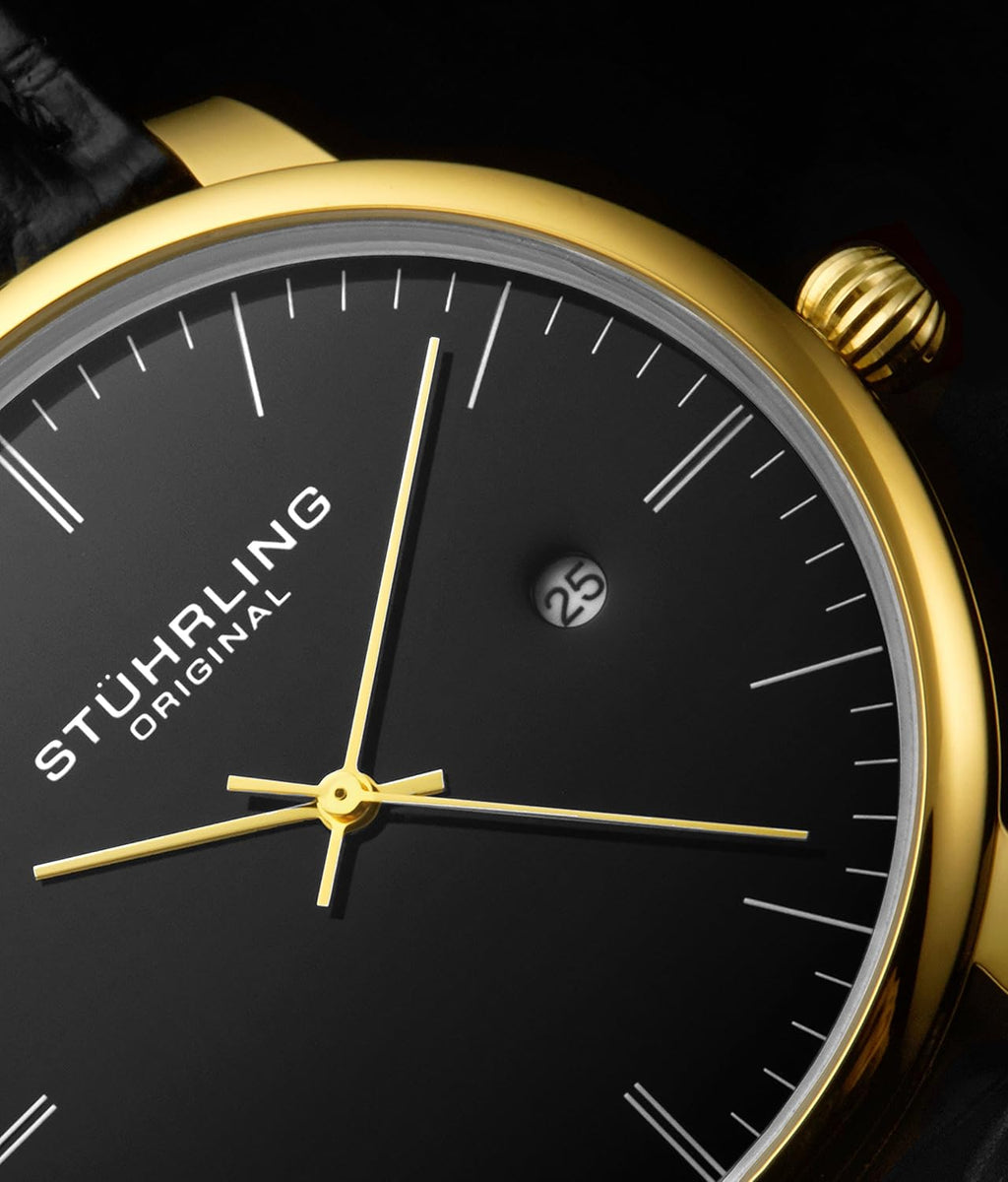 Black Gold Calfskin Leather Strap Analog Watch with Date K910840