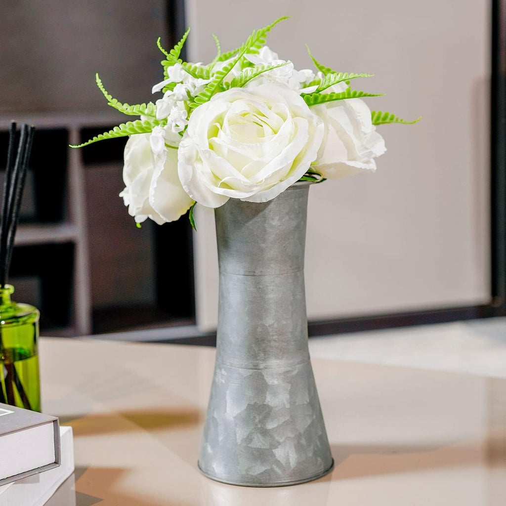 8 Inch Galvanized Metal Decorative Flower Vase with Faux Floral Bouquet, Artificial White Roses V832