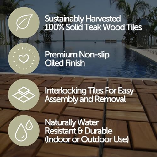 Teak Interlocking Tiles Wooden Floor Tile Set 10 Square Feet 12" x 12" 9 Slat Design Oiled Finish T619720