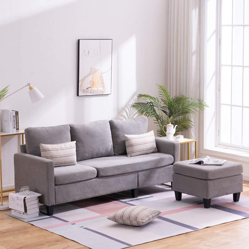 Light Grey Linen Fabric L-Shaped 3-Seat Convertible Sectional Sofa Couch with Reversible Chaise A607