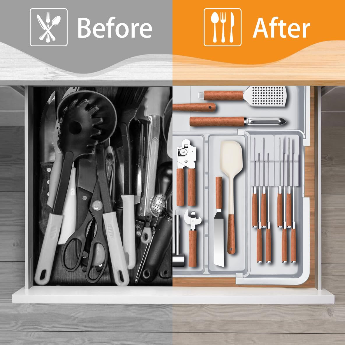 Grey Expandable Silverware Organizer with 9 Compartments S800