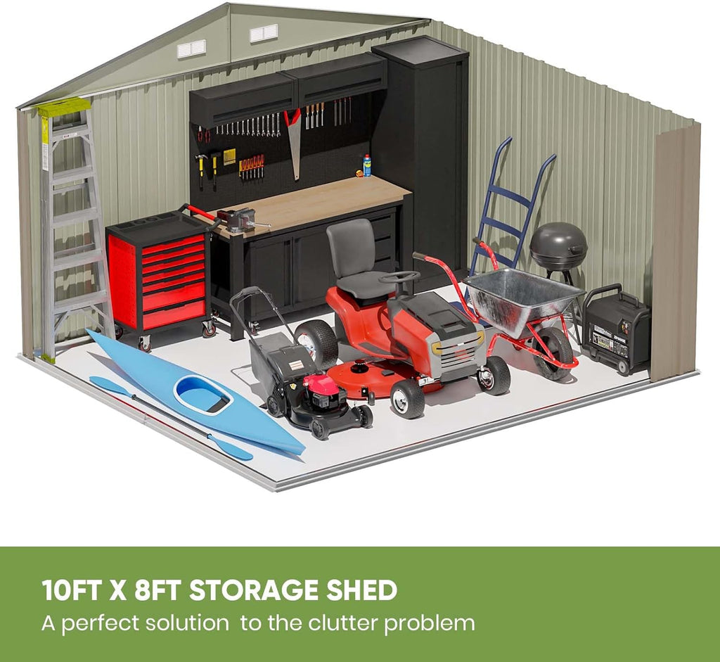 10 x 8 FT Metal Storage Shed with Sloping Roof and Double Lockable Door, Brown F4726