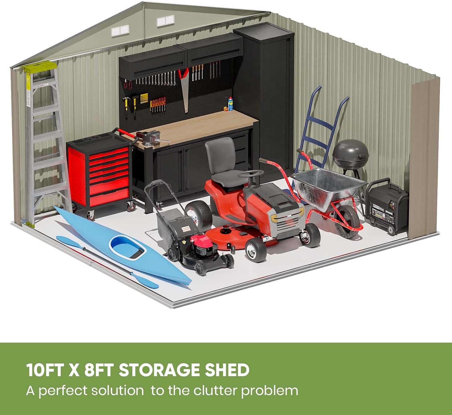 10 x 8 FT Metal Storage Shed with Sloping Roof and Double Lockable Door, Brown F4726