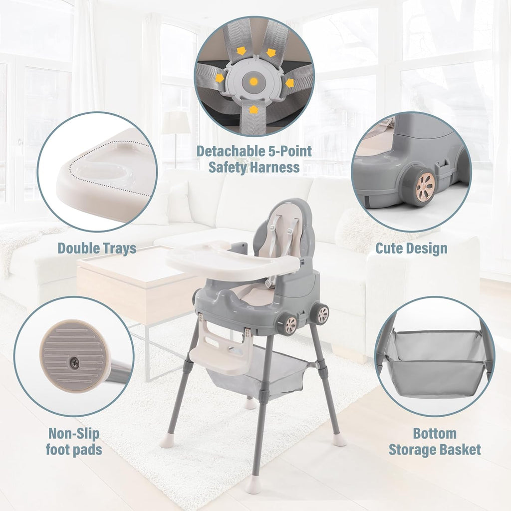 Deep Gray 3 in 1 Baby High Chair with 5-Point Harness R7157