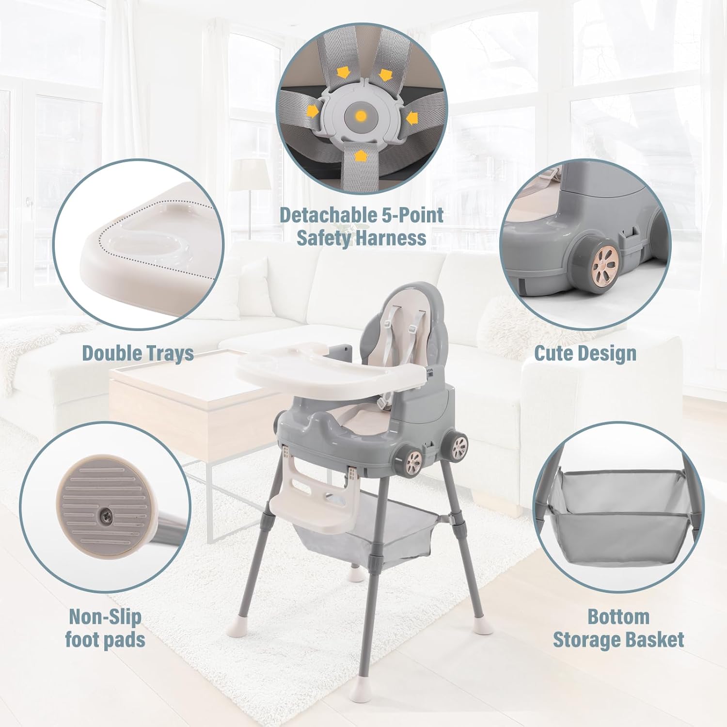 Deep Gray 3 in 1 Baby High Chair with 5-Point Harness R7157