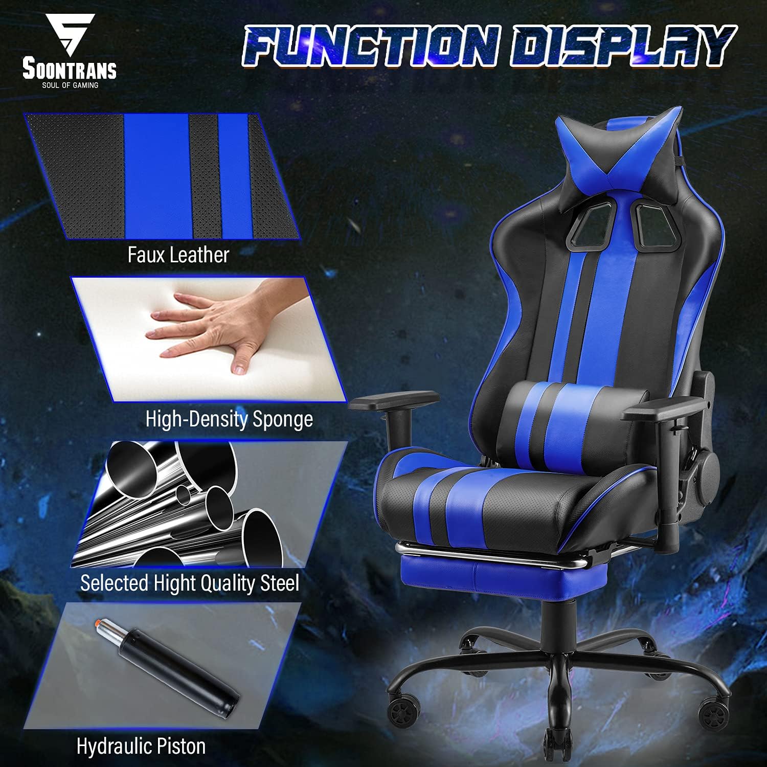 Gaming Chair with Footrest Ergonomic Desk Chair Royal Blue I9315