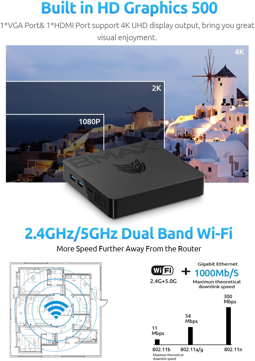 Mini PC N4000 6GB DDR4 64GB eMMC Fanless Dual WiFi HDMI+VGA 4K Dual-Screen BT4.2 USB x4 P46957