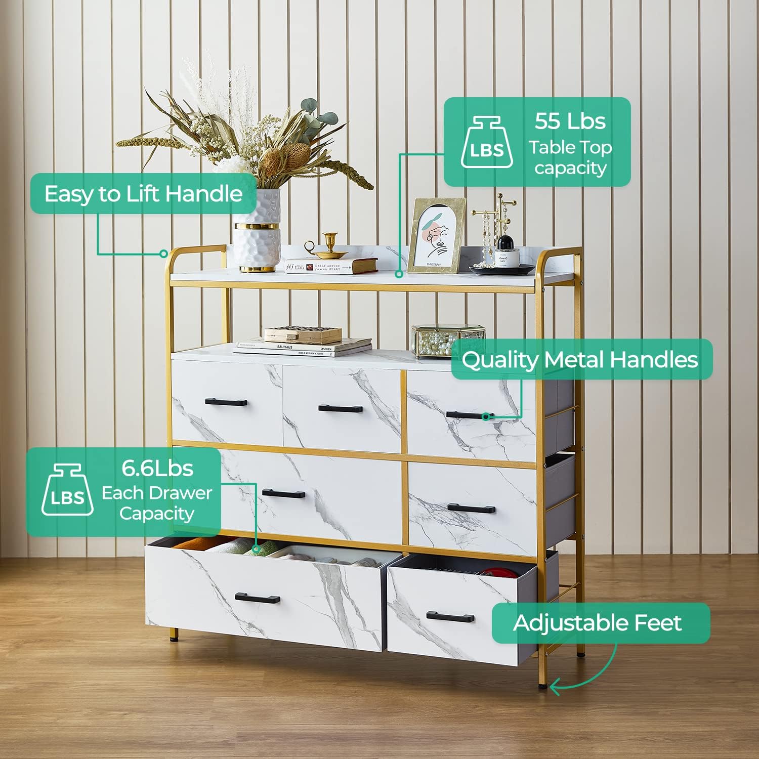 White 7 Drawer Chest of Drawers with Steel Frame and Wood Top B231402