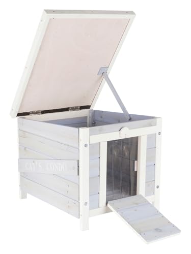 Gray & White Fir Wood Outdoor Cat House with Raised Floor and Hinged Asphalt Roof C528