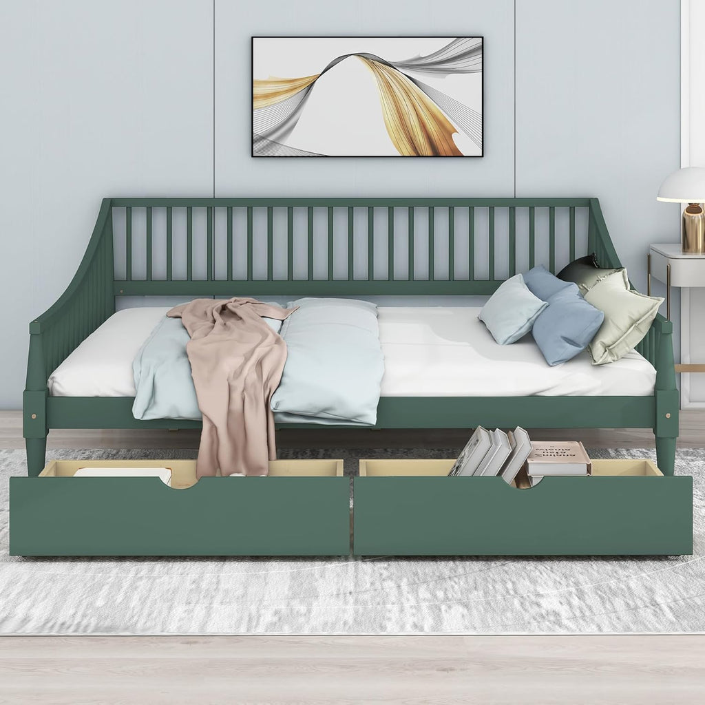 Green Full Size Daybed with Two Drawers Solid Wood Storage Bed Frame G2208