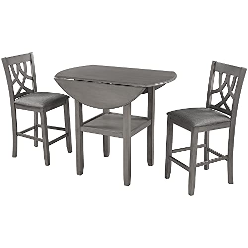 3 Piece Round Drop Leaf Counter Height Dining Table and Chairs Set with Storage Shelf T52721