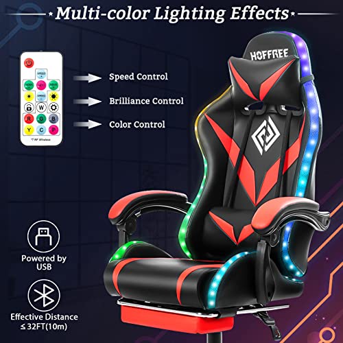 Blue and White Ergonomic Gaming Chair with Massage, LED Lights, Footrest, High Back, Reclining, Adjustable Lumbar Support B4781