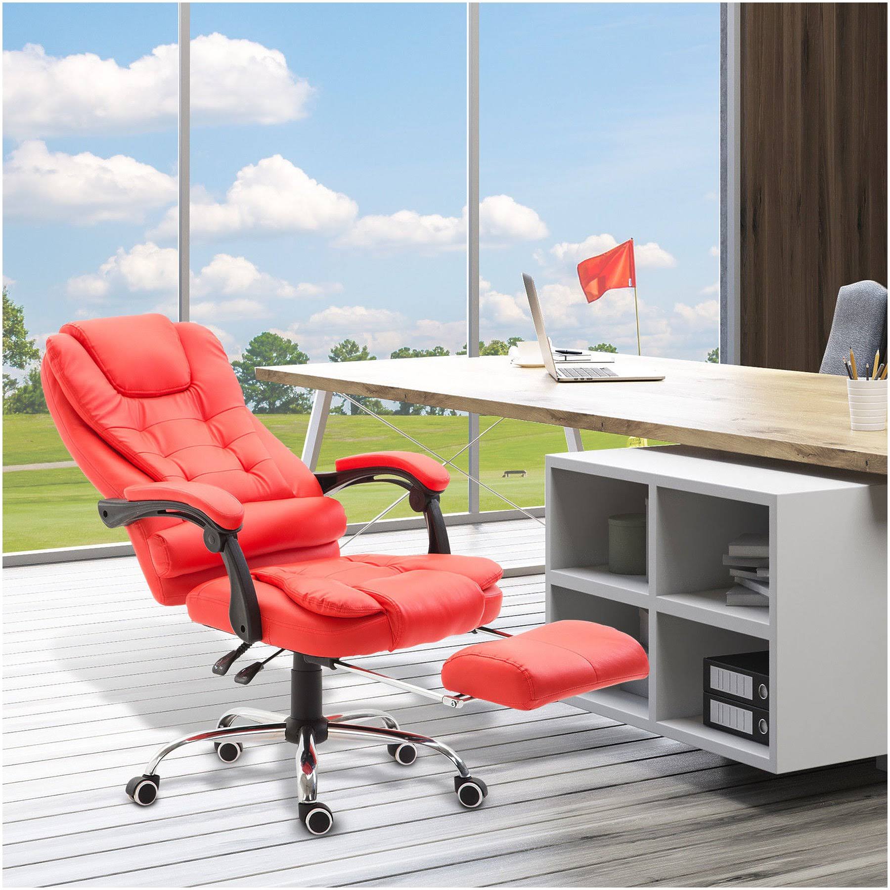 High Back Reclining PU Leather Office Chair with Footrest (Red) L300