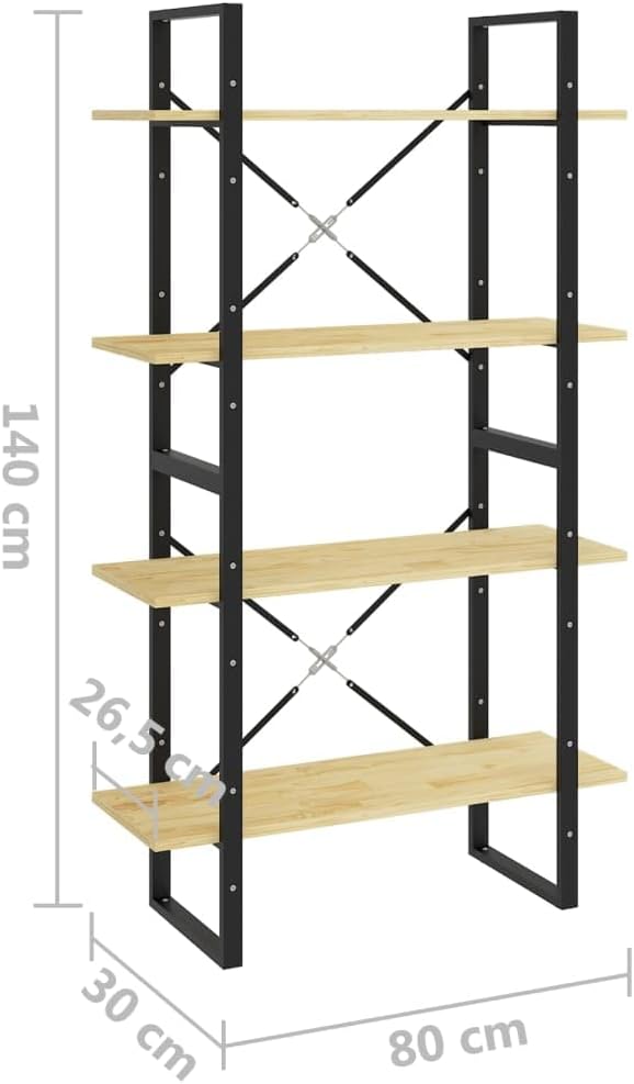 Solid Pine Wood Bookshelf with 4-Tiers, Untreated Brown Natural Finish O664