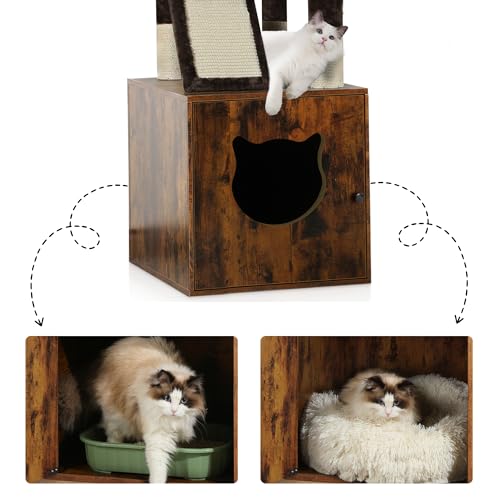 Brown Wooden Cat Tree with Litter Box Enclosure Q776