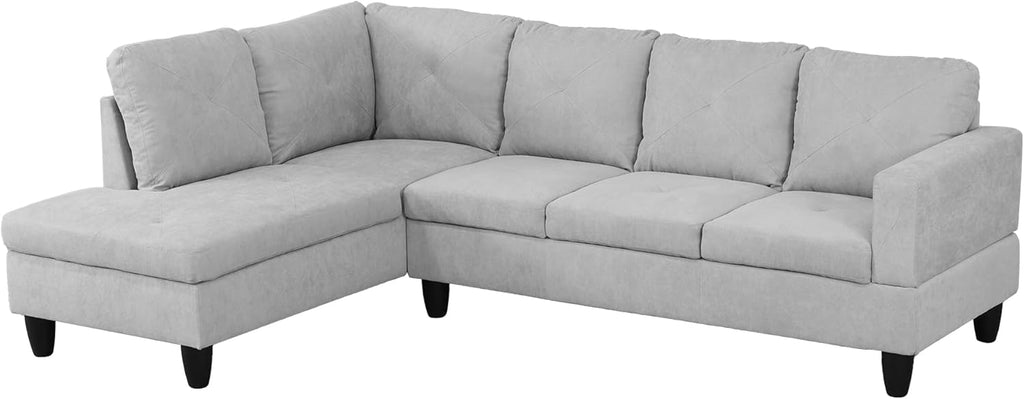 97" L-Shaped Corner Sofa with Left Chaise & Movable Storage Ottoman, 6 Seat Flannelette Fabric Sectional Couch, Wood Legs & Frame Q8228